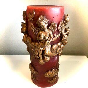 MAC Sculpture California XLG Sculpted Cherub Angel Pillar Candle Burg Gold 15x9"